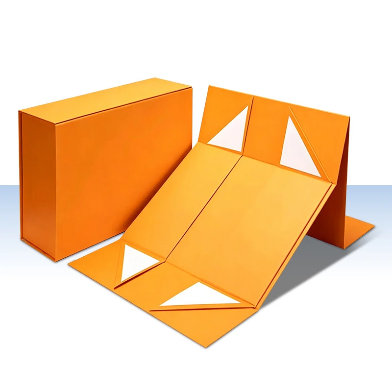 Orange gift-box structure shown assembled on the left and unfolded with visible corner sections on the right.