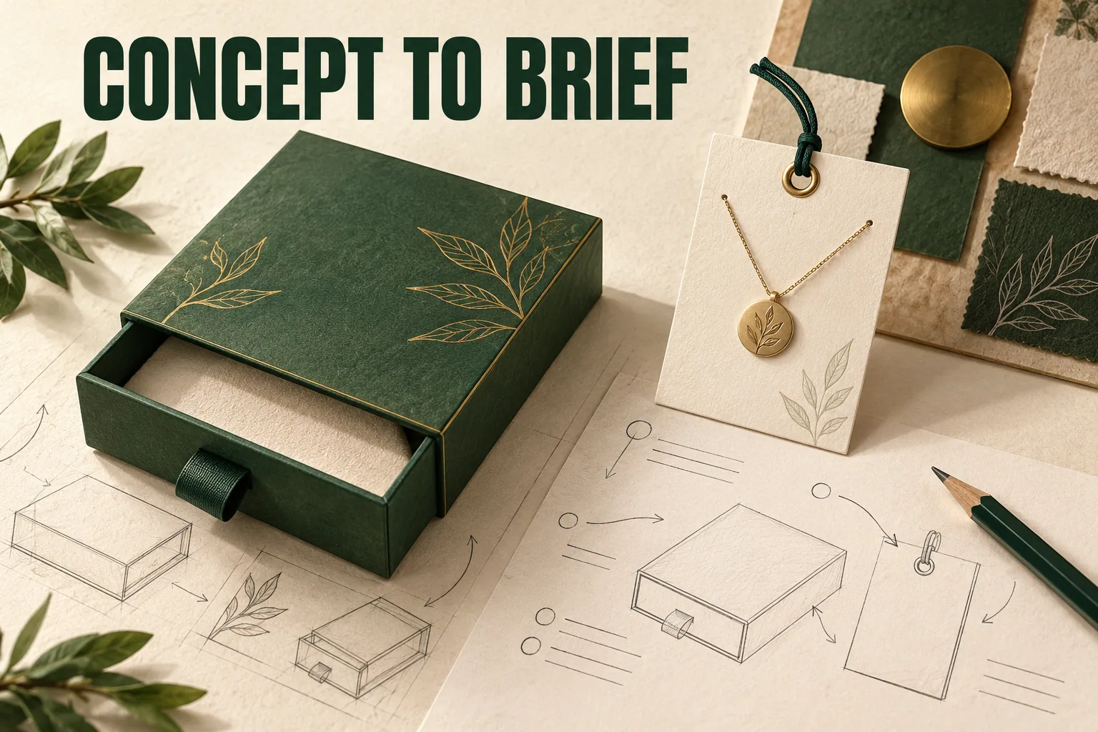 Editorial planning illustration pairs an original drawer-box concept with an annotated brief.
