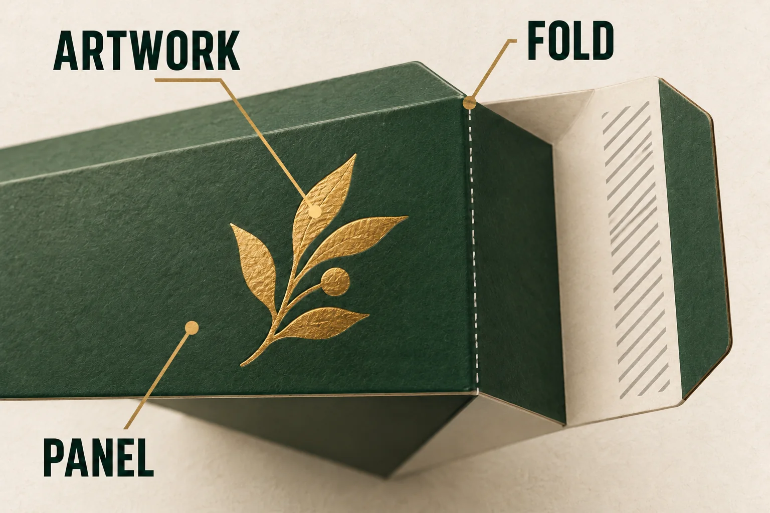Annotated planning panel locates an abstract finish mark relative to a fold and a separate glue zone.
