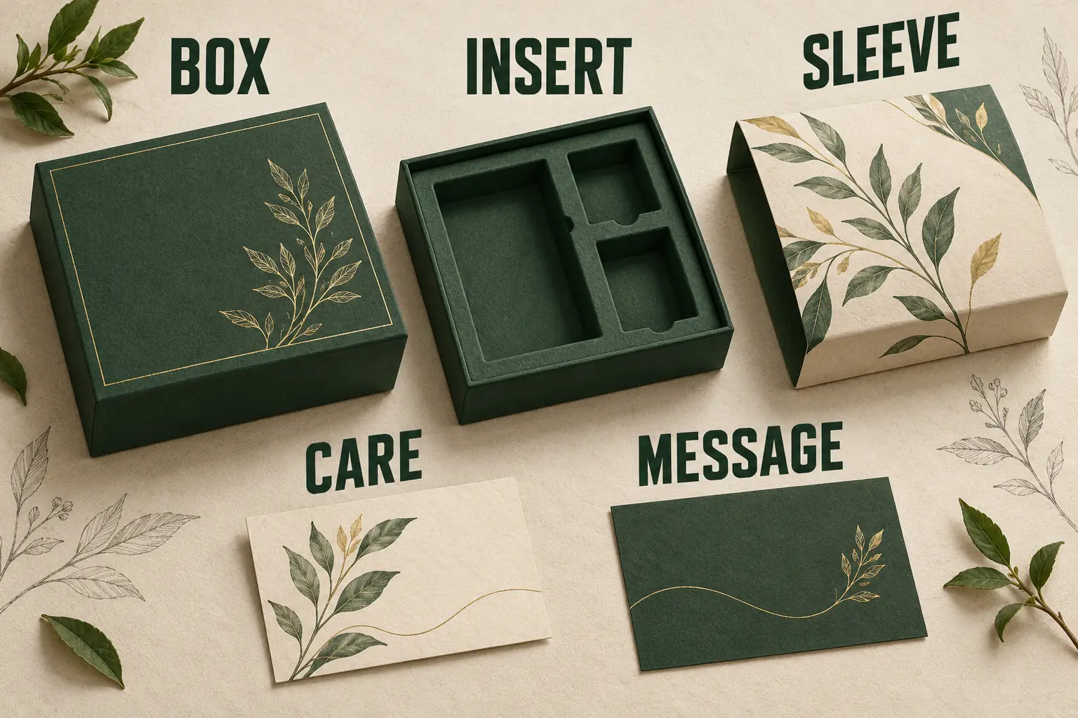 Five distinct component categories form one planned set, with care and message cards kept separate.