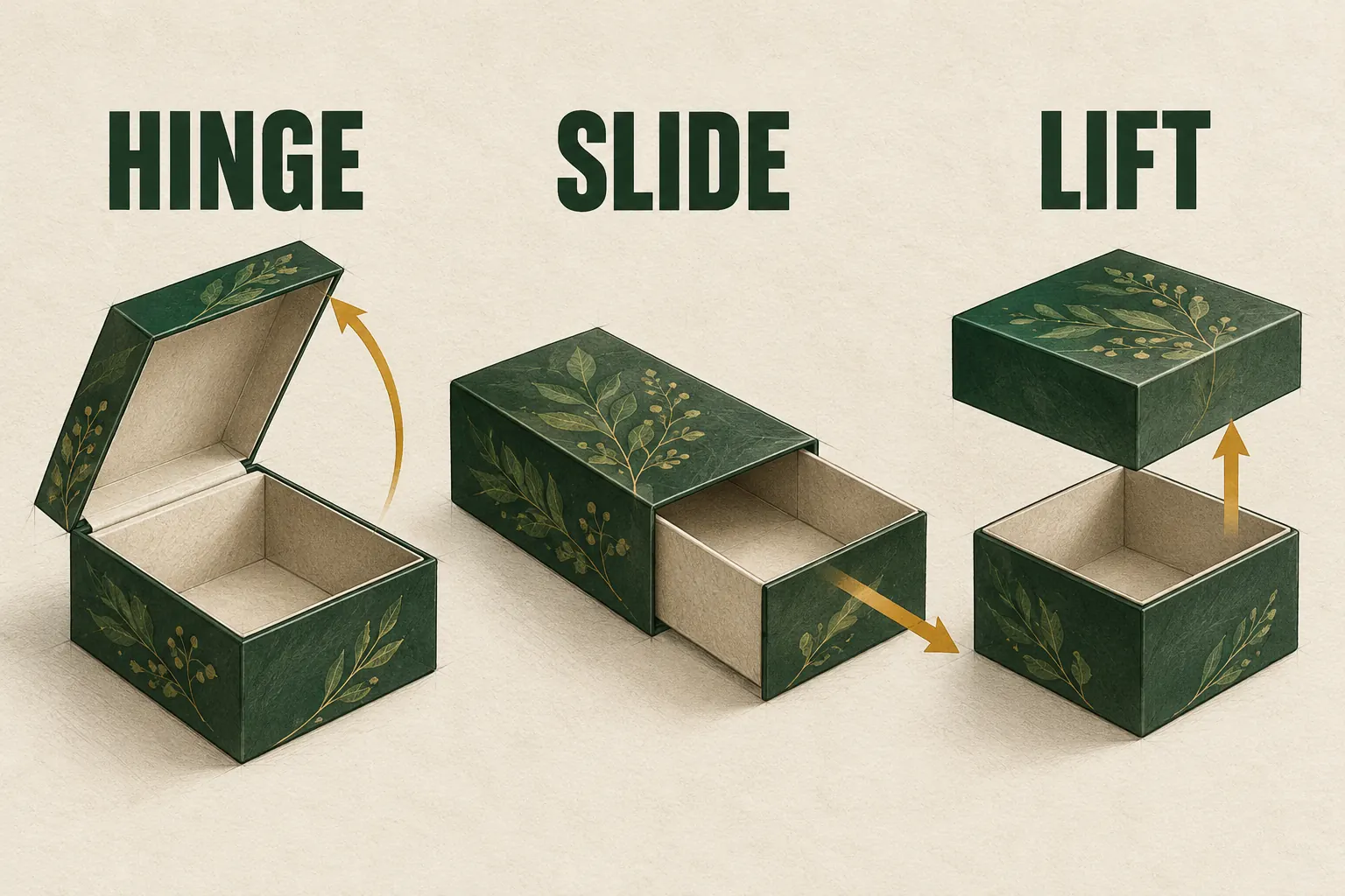 Three construction diagrams show a hinged cover, sleeve-and-tray motion and a detachable lid.
