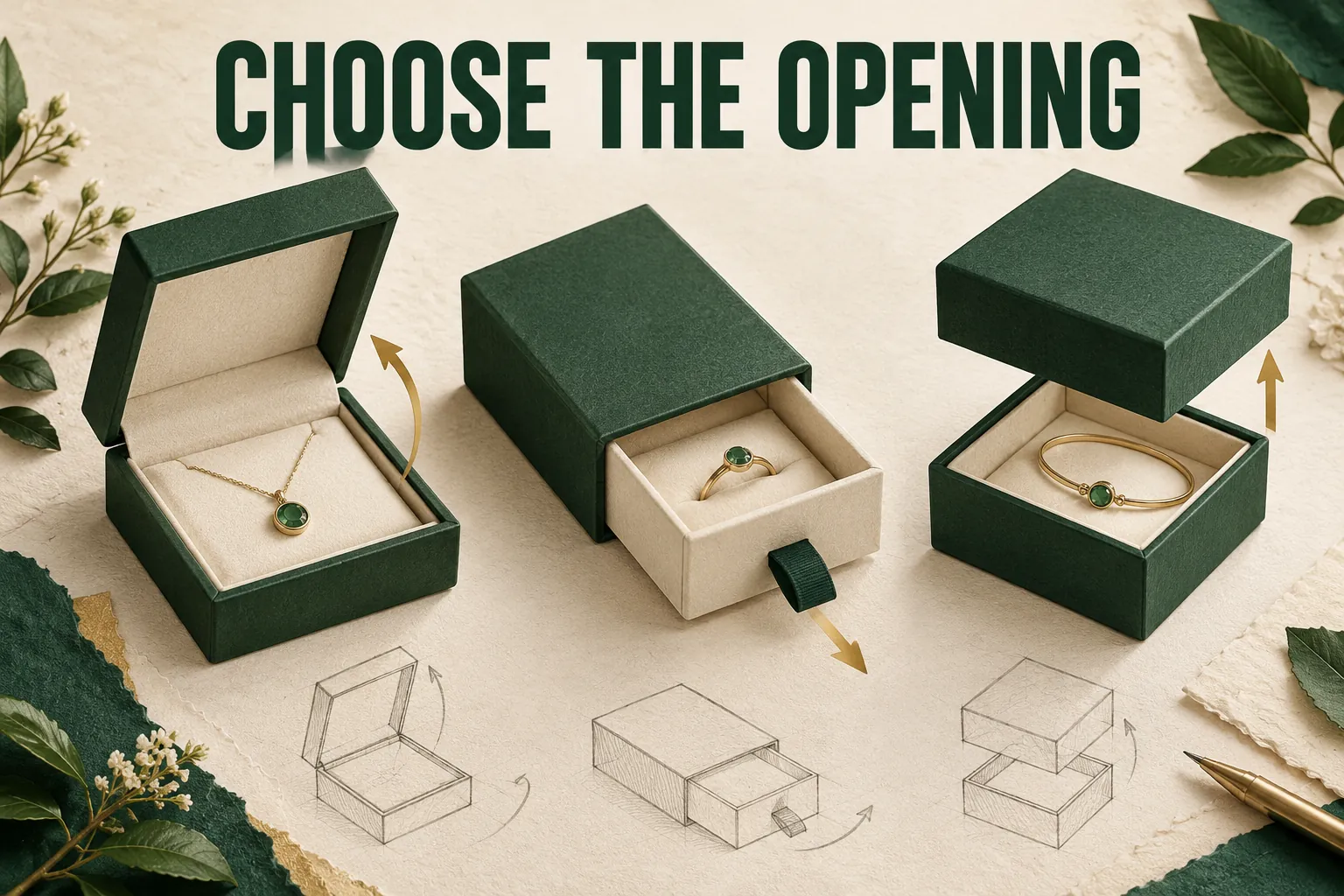 Editorial planning illustration compares hinged, sliding and lift-off box directions for jewelry.
