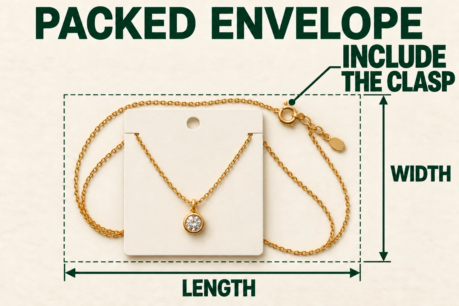 Top-down planning diagram measures the complete pendant-card arrangement, including its chain and projecting clasp.