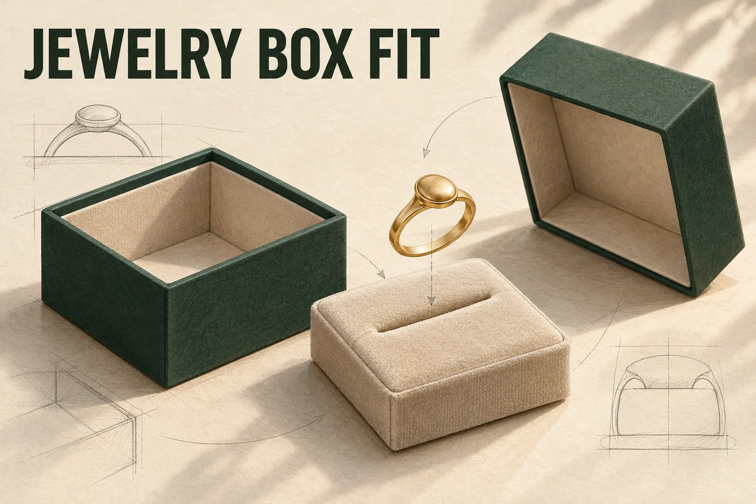 Original editorial planning illustration of one generic ring, a fitted insert and an open jewelry box.