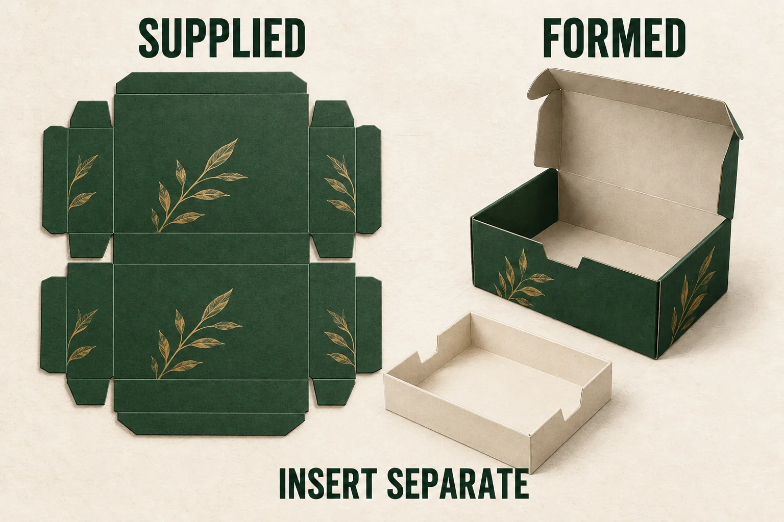 Two labeled planning views distinguish the supplied carton state from its formed state and loose insert.