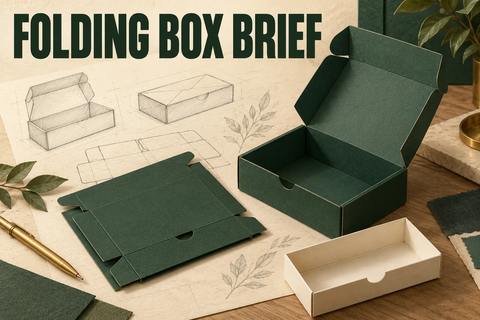 Editorial planning illustration of a paperboard box proposal and its separate delivery-state record.