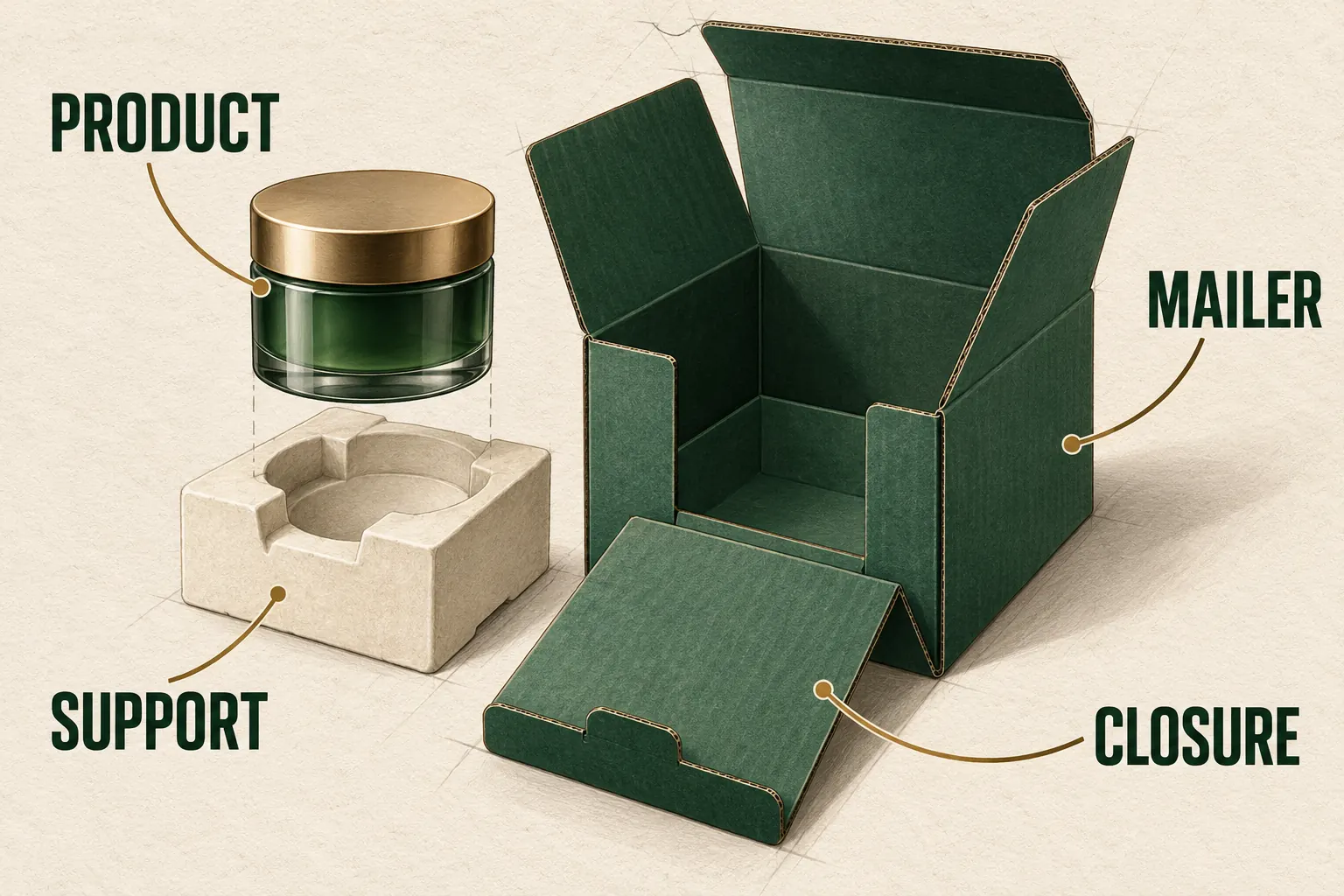 Exploded planning view identifies contents, support, outer mailer and closing method.