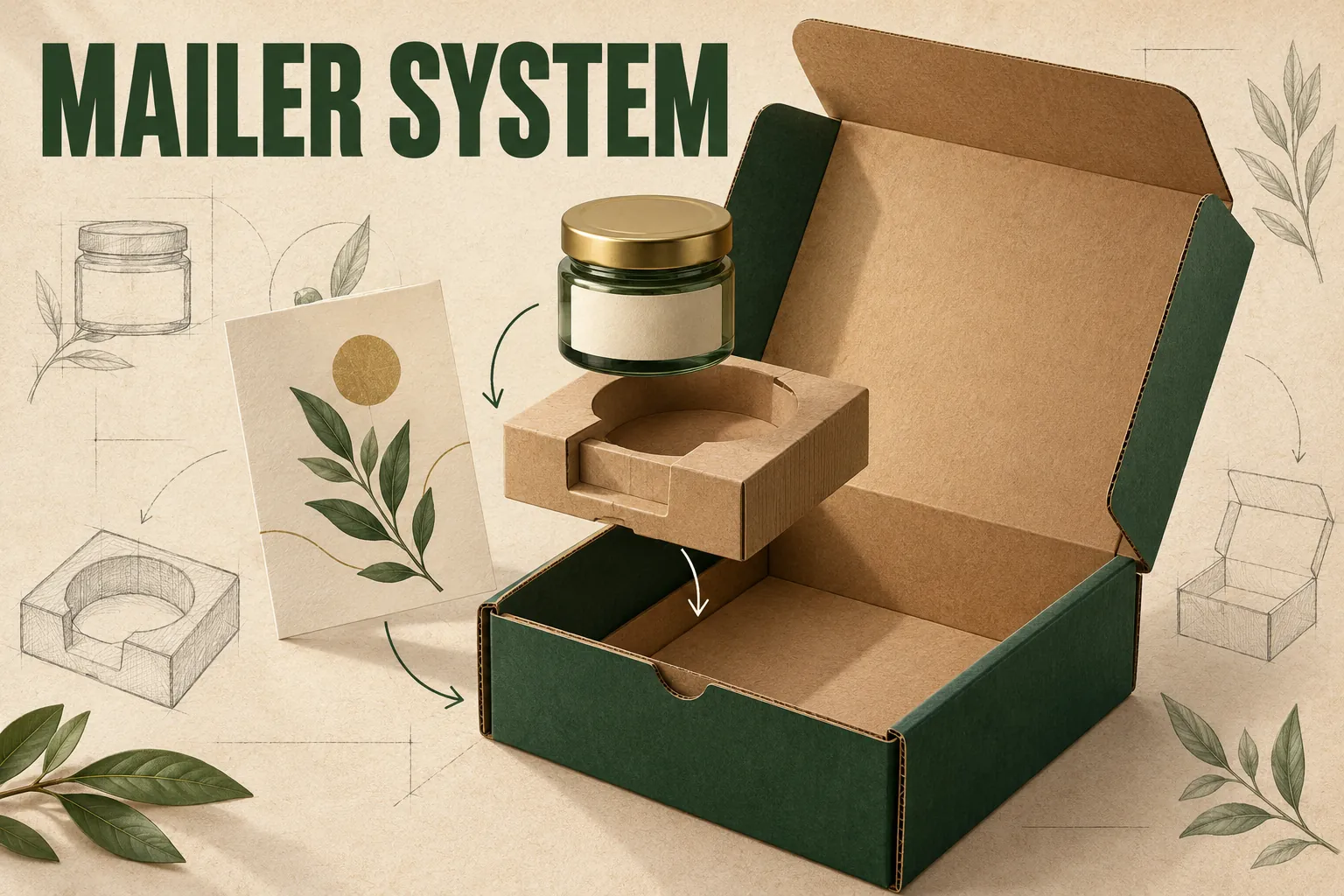 Editorial planning illustration of a mailer with its inner gift, holder and closure components.