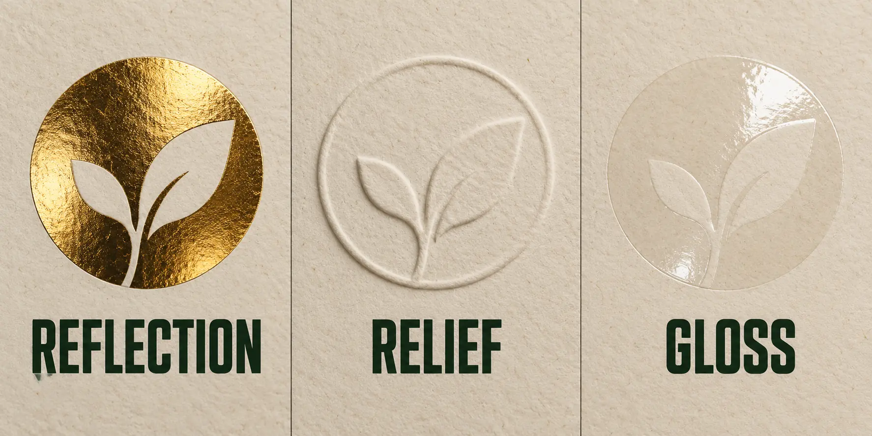 Three matched planning panels compare light reflection, surface relief and local gloss with the same abstract mark.