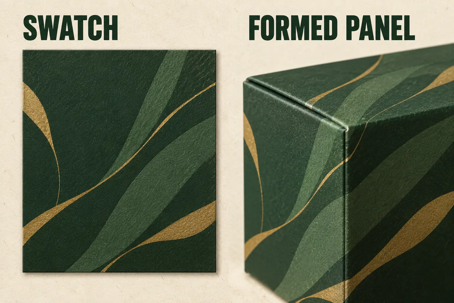 Planning views distinguish an isolated finish swatch from the same proposed mark near a formed fold.