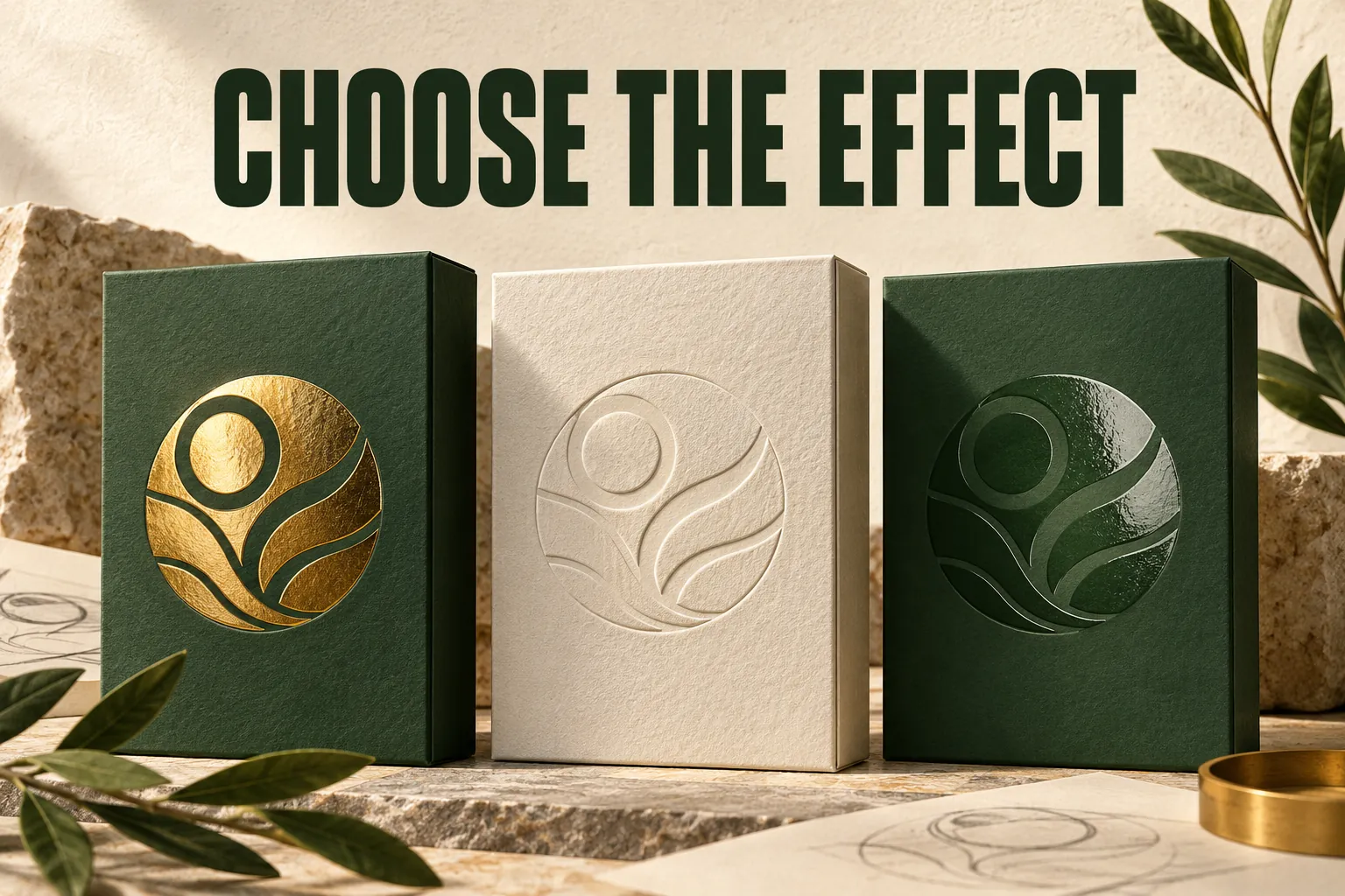 Editorial planning study of reflective, relief and glossy finish directions on neutral packaging surfaces.