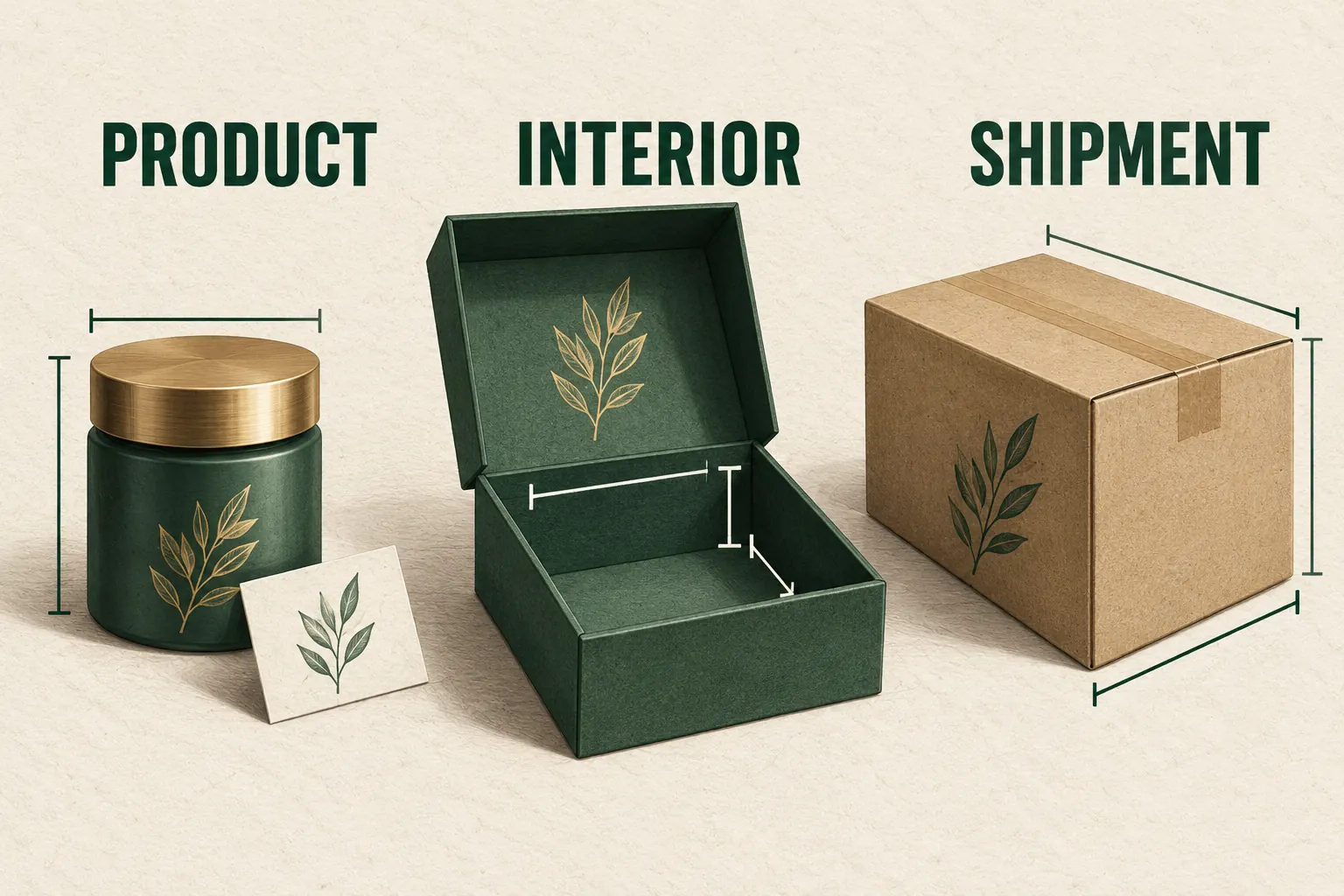 Three planning views distinguish product measurements, usable box interior and shipping-carton exterior.
