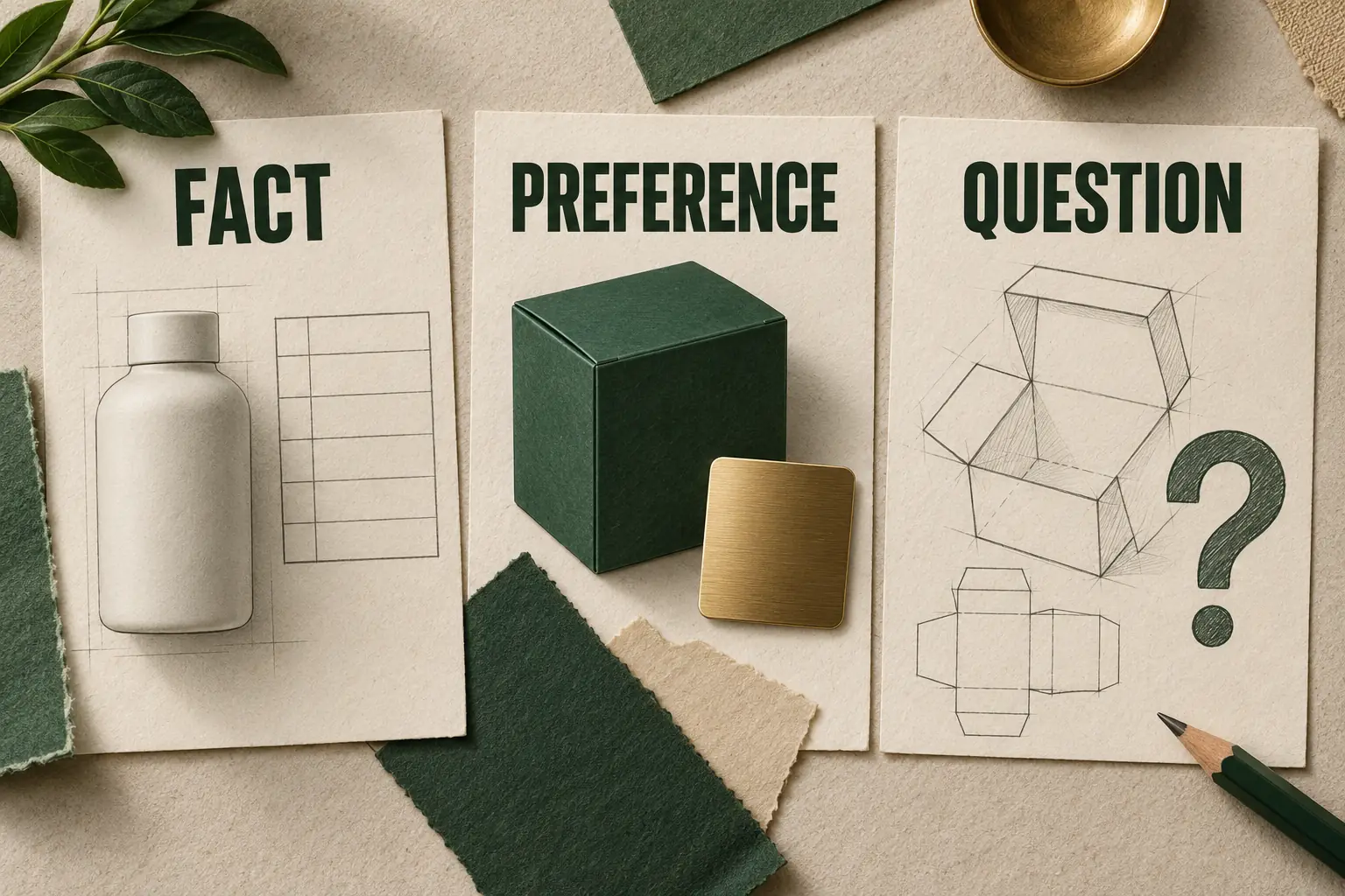 Illustrated brief groups a product record, a visual preference and an unresolved construction question.