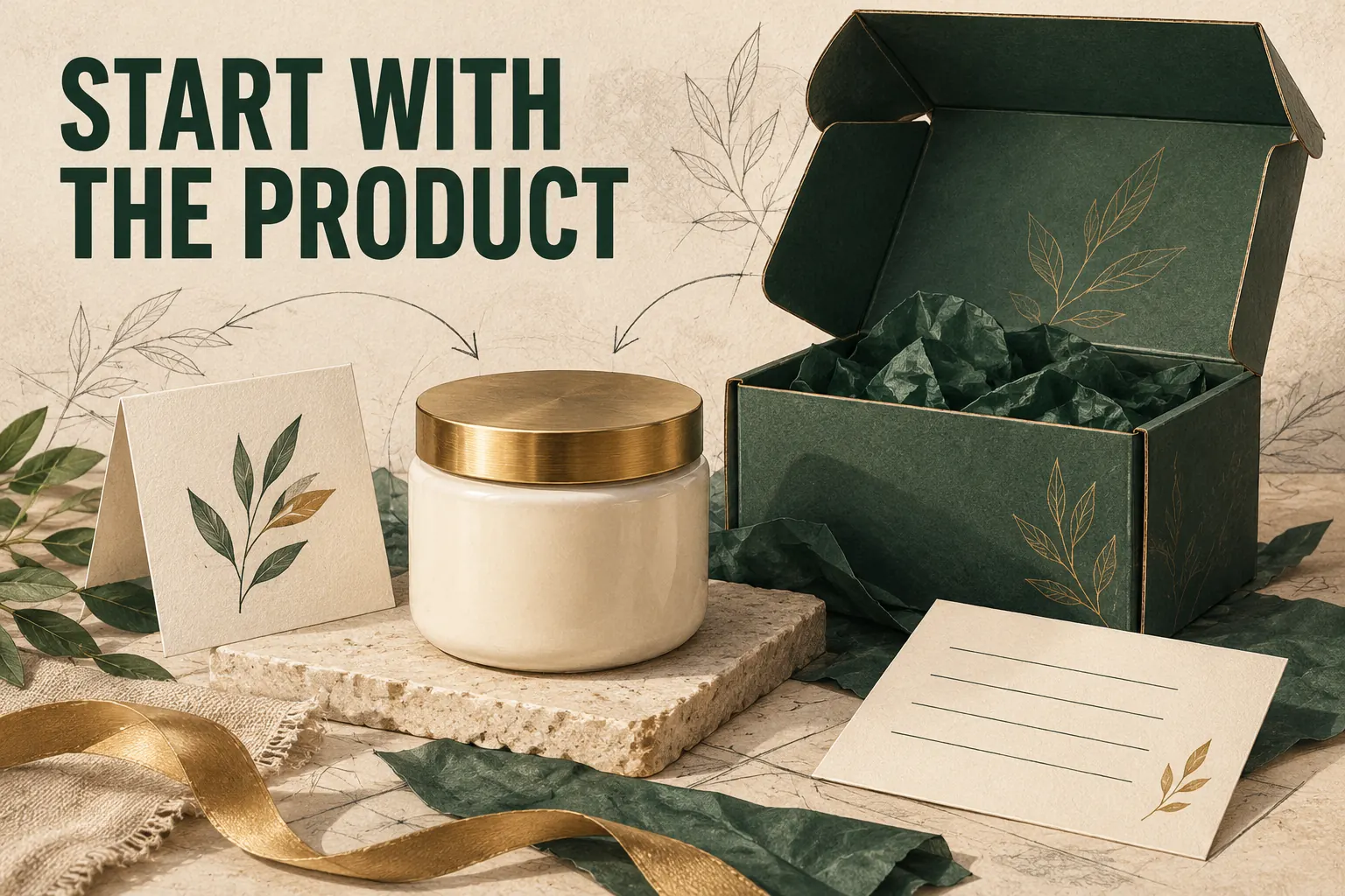 Editorial planning illustration of a generic jar, care card and a labeled packaging brief.
