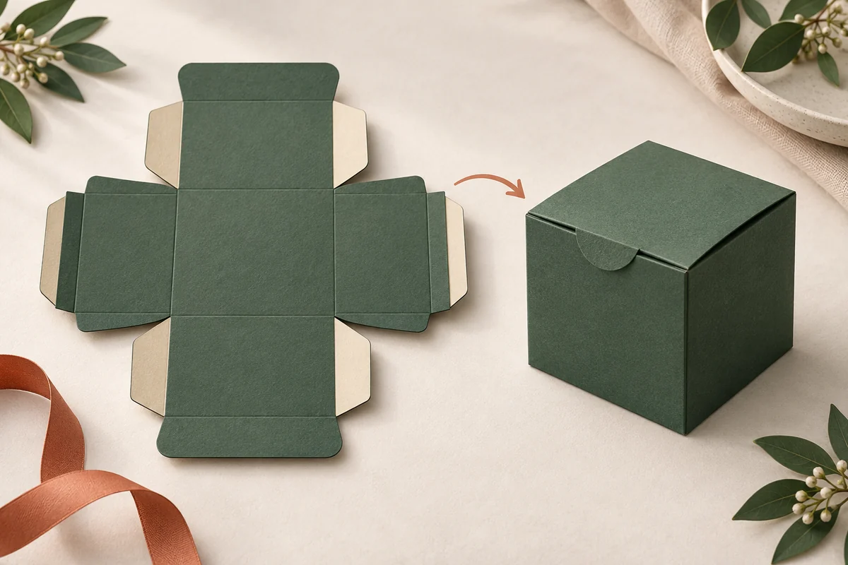 Illustrative Darstellung einer faltbaren Geschenkbox mit Falzen, Verschluss und aufgebauter Form.