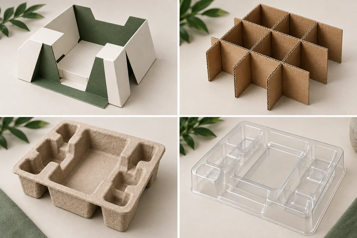 Illustrative comparison of paperboard, corrugated, molded-pulp and clear-tray insert forms.