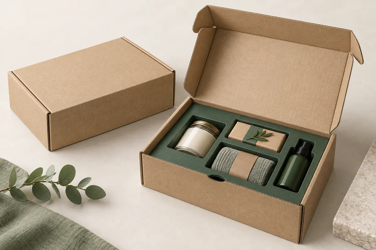 Illustrative Darstellung einer Versandbox mit Einsatz und Anordnung der verpackten Teile.