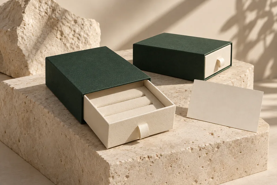 AI concept of green drawer jewelry boxes with ivory trays on a stone display