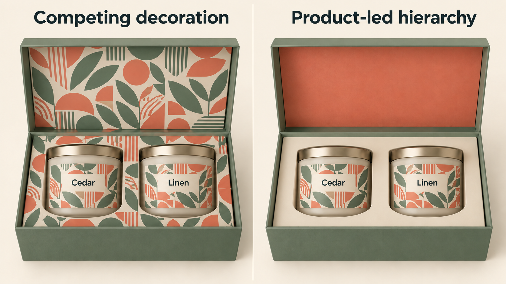 The same two labeled candle jars in matching sage boxes, comparing patterned inner surfaces with a solid coral inner lid and neutral cream insert.