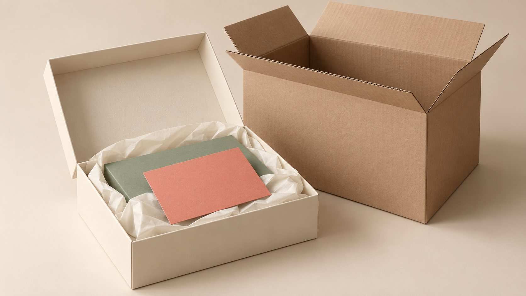 Gift box with tissue and a blank message card beside an open outer mailer.