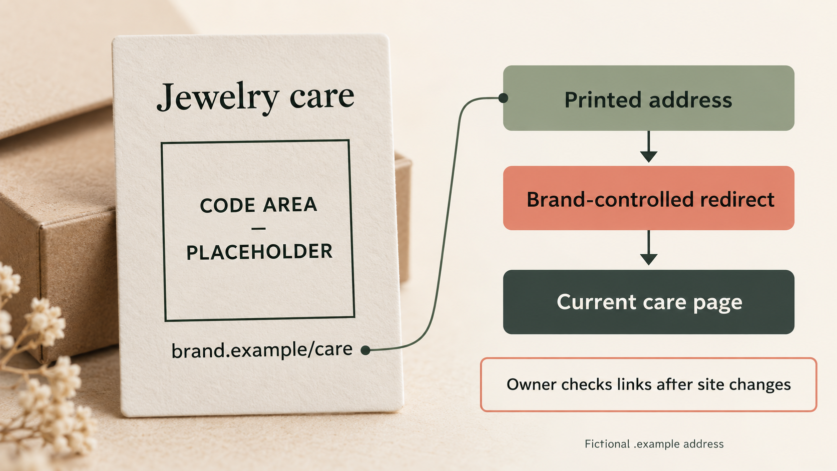 Jewelry care card with brand.example/care and a CODE AREA placeholder, linked through a brand-controlled redirect to a current care page, with an owner reminder to check links after changes.