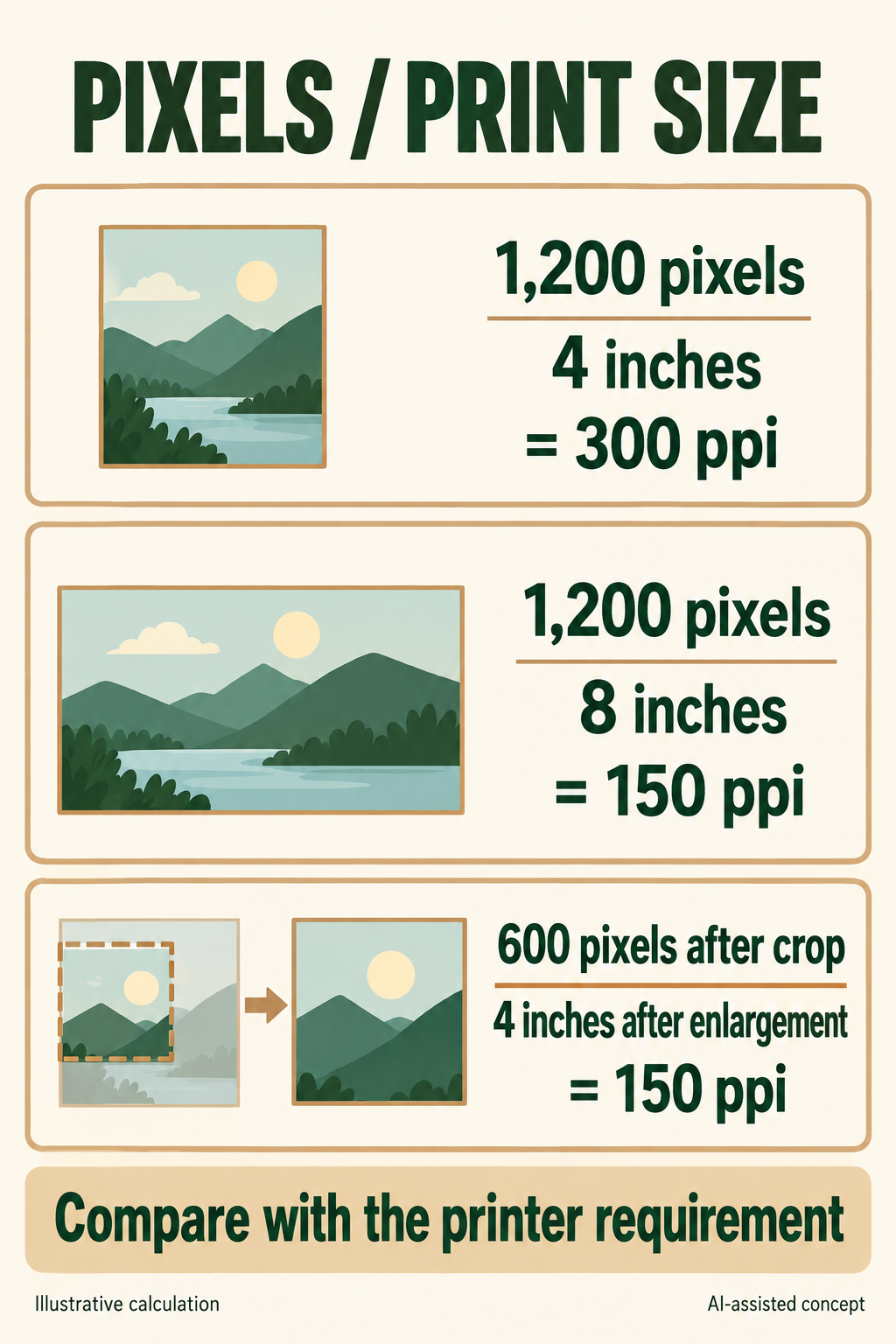 Arithmetic examples comparing image pixels and final printed widths, including crop then enlargement.