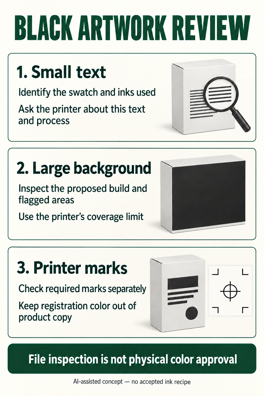 Three object checks for small text, large black backgrounds and separate printer marks.