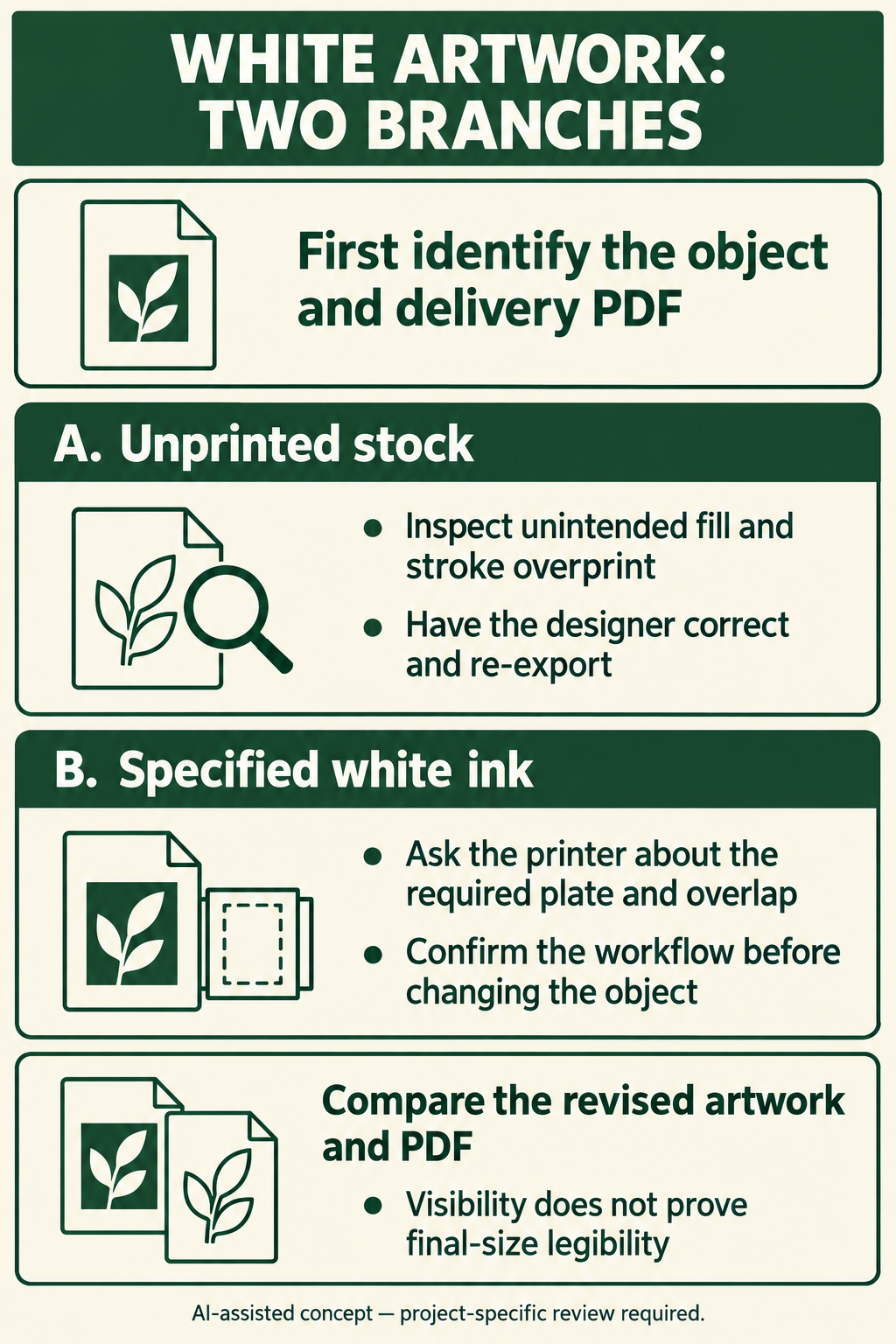 Separate review branches for unprinted stock and specified white ink.