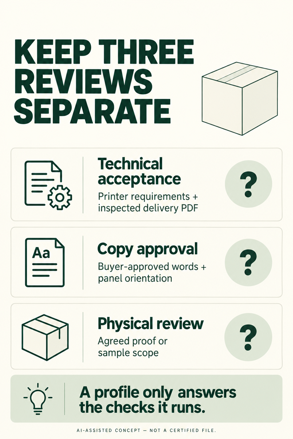 Separate technical acceptance, copy approval and physical review scopes.