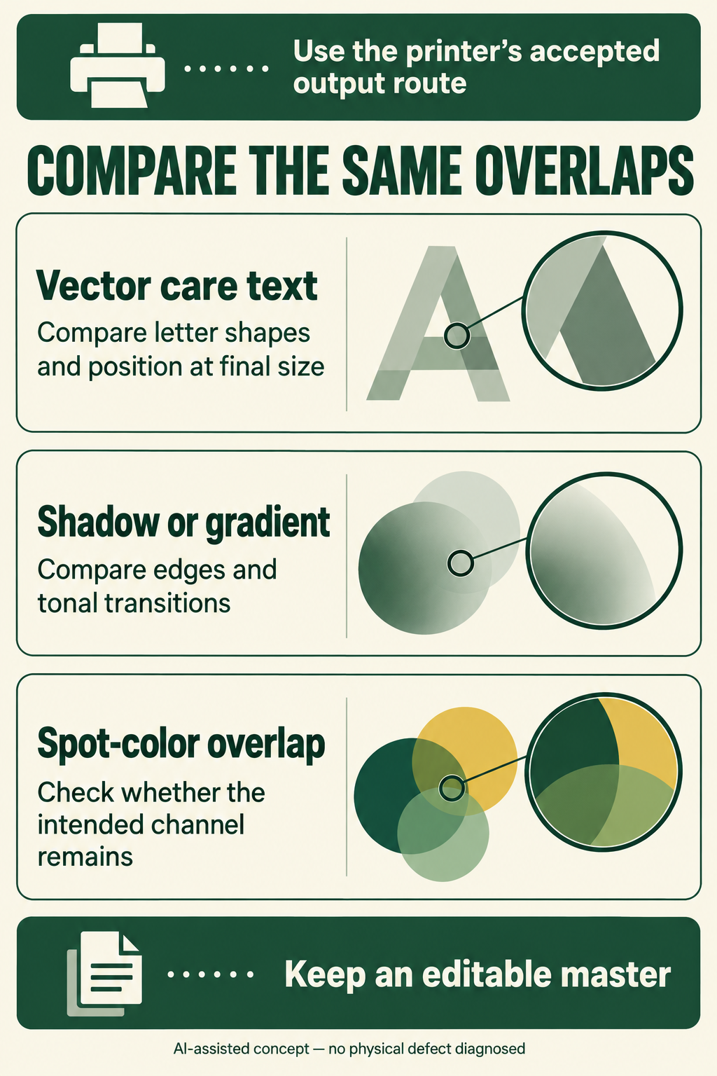 Review vector-text, shadow and spot-color overlap areas in the final export.