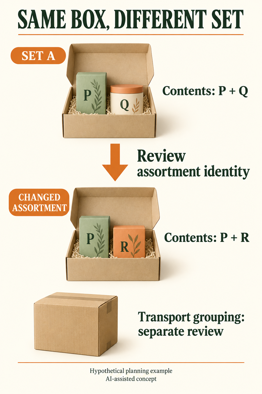 Hypothetical P plus Q to P plus R fixed-assortment change, with constituent and higher packaging-level identities separate.