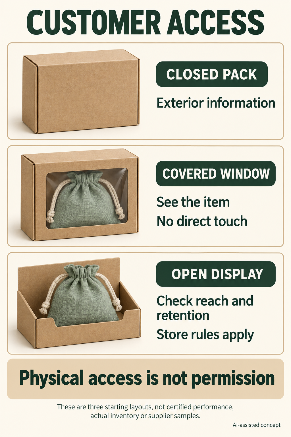 Hypothetical opaque carton, film-covered window and open display; physical reach is separate from permission.