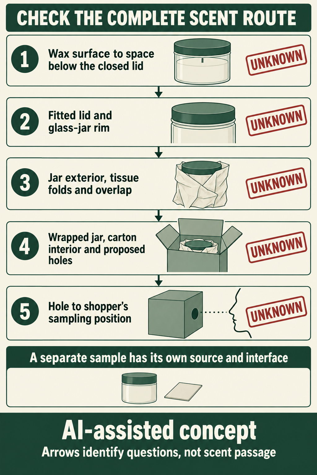Five unknown interfaces from unlit candle wax through the closed lid, tissue and carton holes to a sampling position.