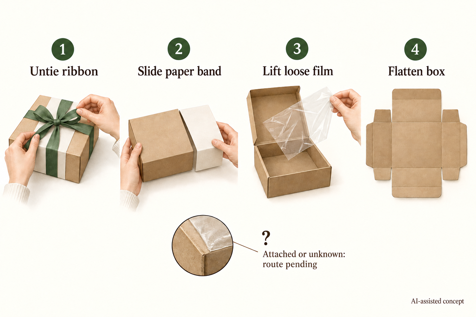 Four proposed gift-package actions: untie ribbon, slide paper band, lift loose film and flatten box, with an unresolved attached-material branch.