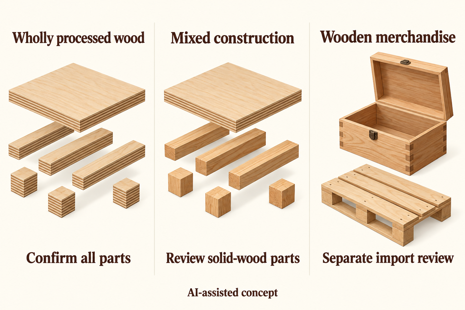 Three hypothetical wood-scope cases; the merchandise column shows an upper wooden box as the commodity and a lower pallet requiring its own transport-support assessment.