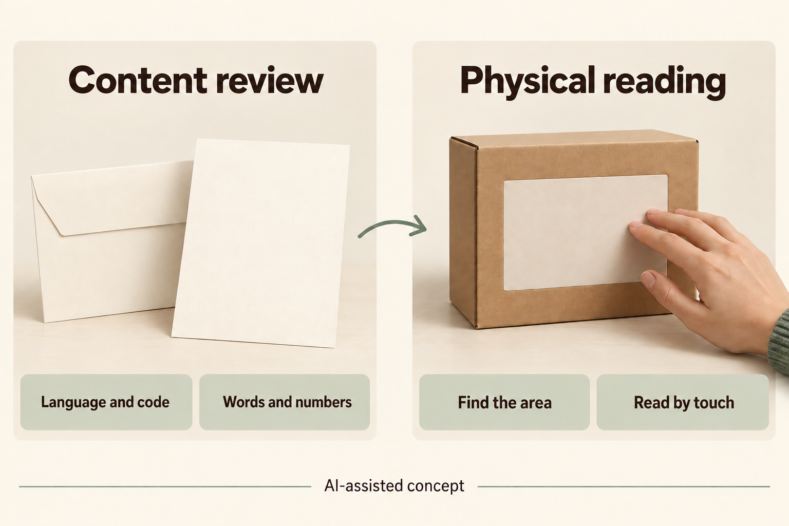 Two concept review areas separate braille content questions from finding and reading the actual raised surface.