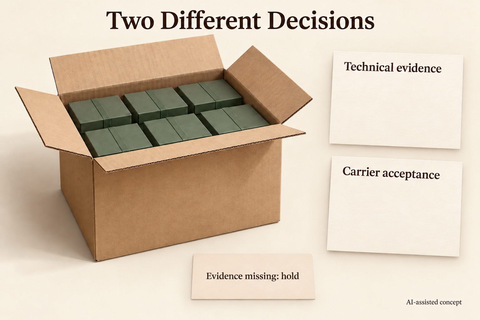 Concept separates complete-carton technical evidence from route-specific carrier acceptance, with a missing-evidence hold state.