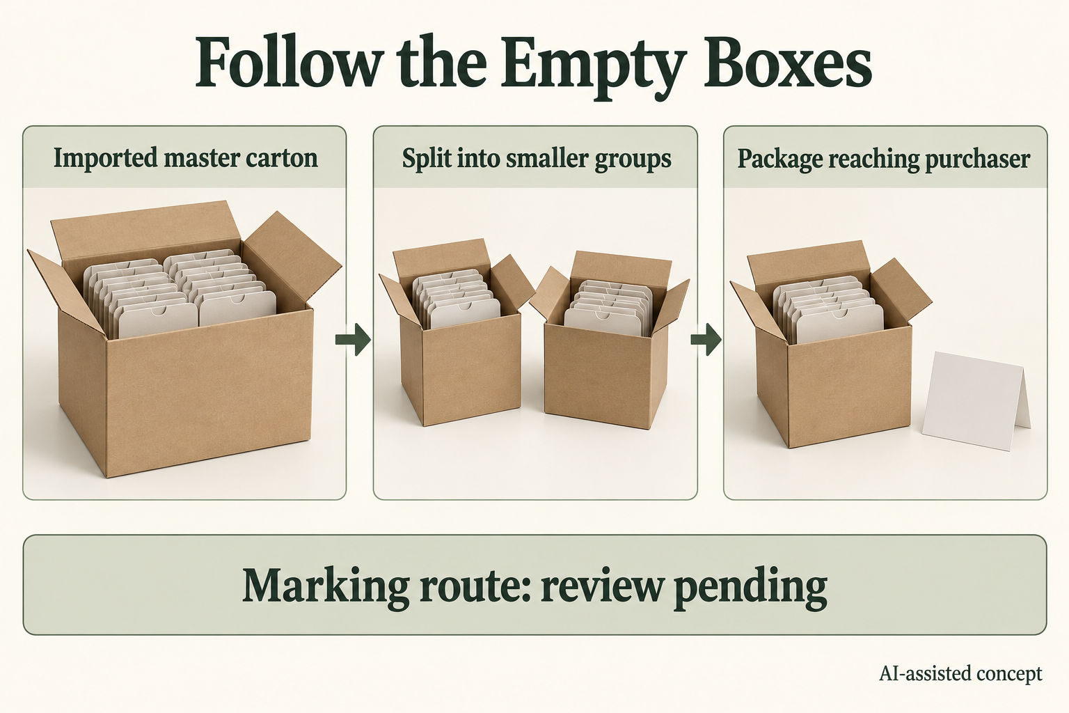 Hypothetical empty-box path from an imported master carton through smaller groups to a package reaching a purchaser, with marking review pending.