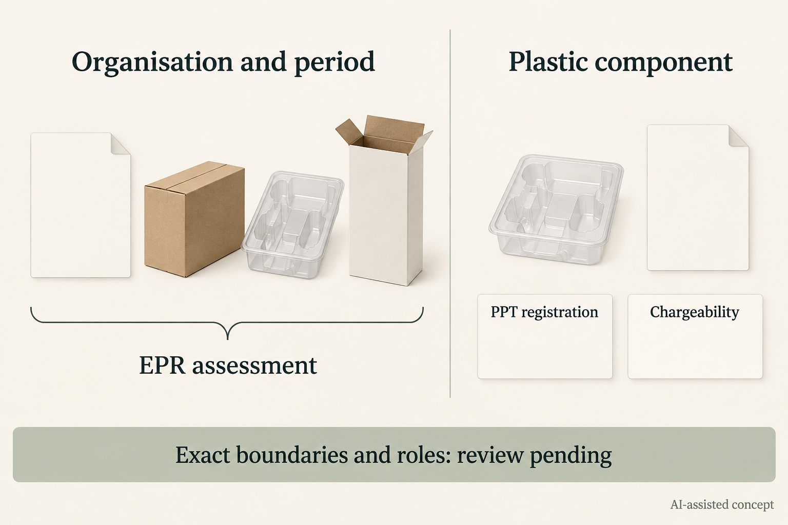 Concept contrasts EPR organisation and period assessment with separate PPT registration and chargeability questions for a plastic component.