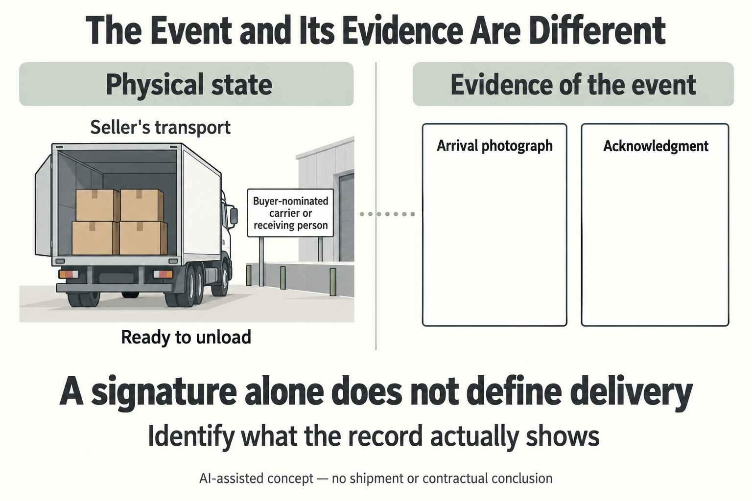 Concept separating an FCA elsewhere physical arrival state on seller transport from blank arrival-photo and acknowledgment records, with a buyer-nominated receiving party.
