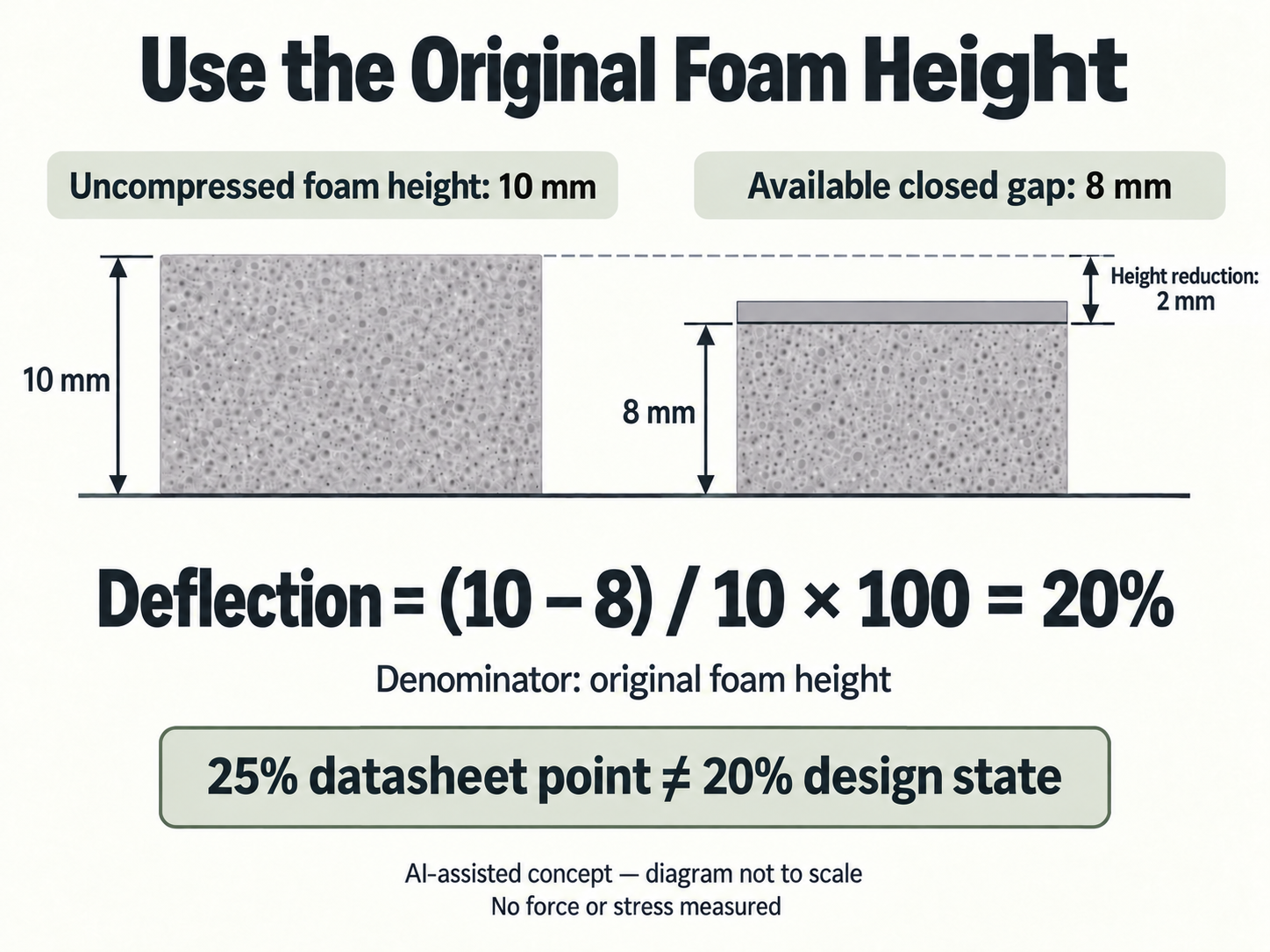 Diagram, not to scale, explaining hypothetical foam-height reduction from 10 mm to 8 mm and 20% deflection calculated using original height.
