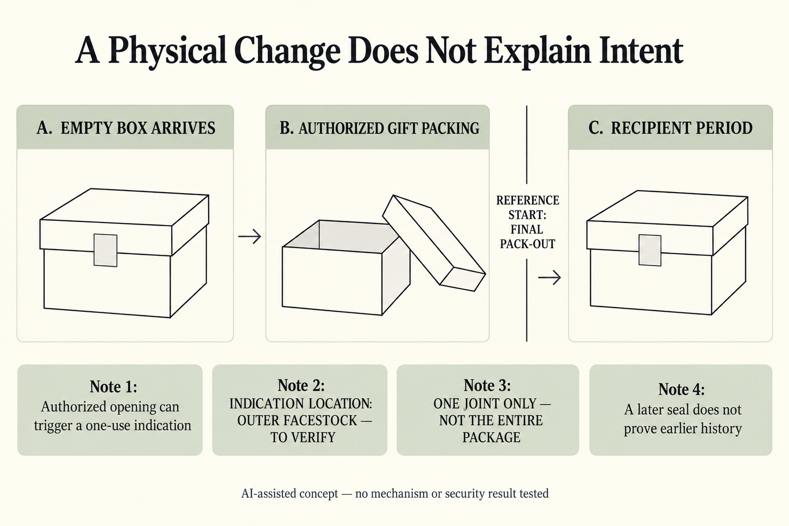 Interpretation diagram showing an empty box arriving, authorized gift packing and the recipient period, with a final-pack-out reference and limited outer-facestock indication requirement.