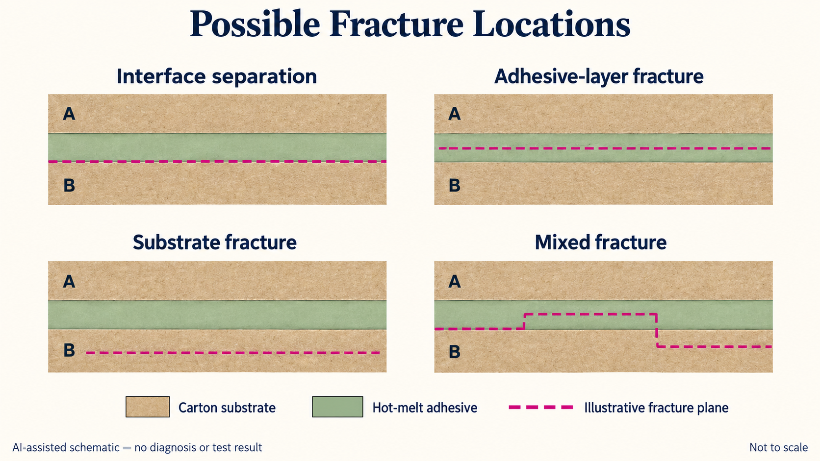 Four-panel schematic locating possible fracture paths at a hot-melt interface, inside the adhesive, inside carton substrate and through mixed regions.