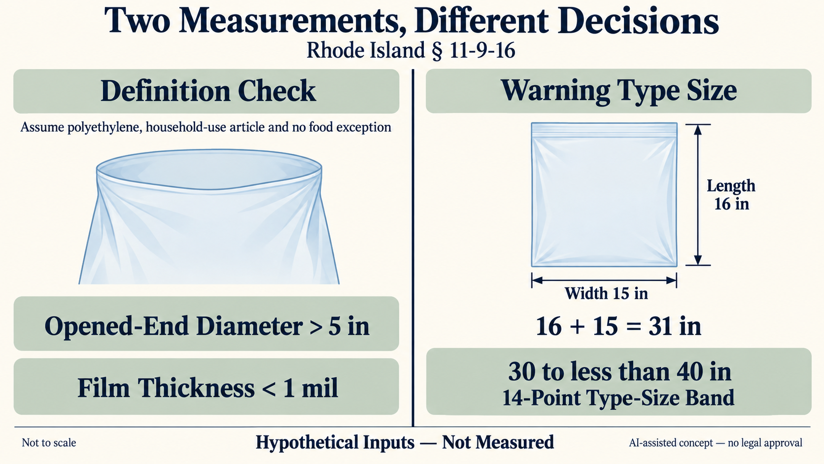 Hypothetical Rhode Island diagram separating opened-end diameter and film-thickness conditions from length 16 plus width 15 inches, totaling 31 inches for a conditional 14-point type-size band.