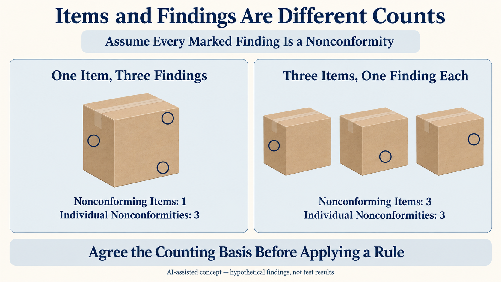 Counting concept contrasting one box with three hypothetical nonconformities and three boxes with one each; the item counts differ while finding counts both equal three.