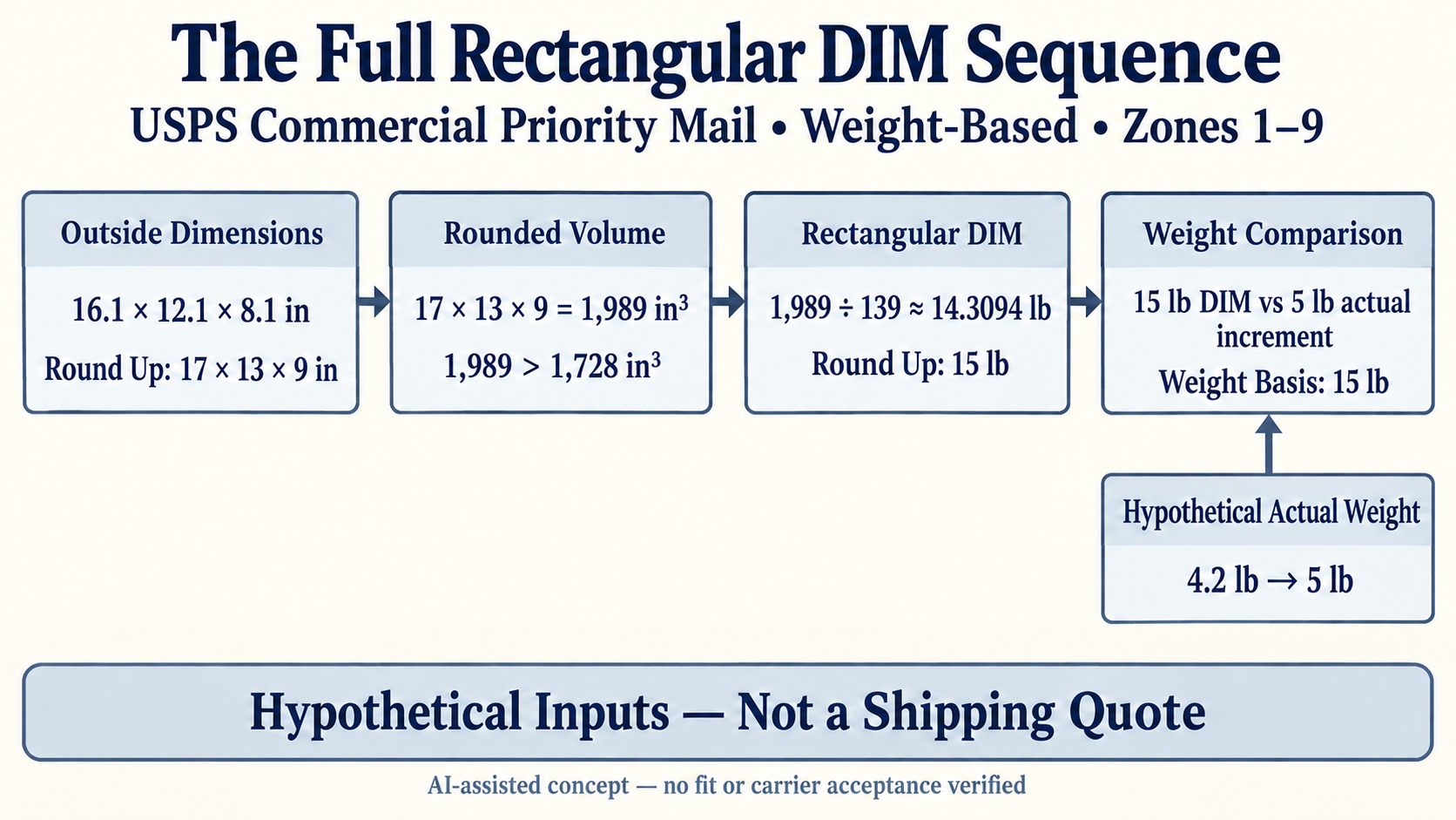 Hypothetical USPS rectangular DIM sequence: 16.1×12.1×8.1 rounds to 17×13×9, 1,989 cubic inches exceeds 1,728, division by 139 rounds to 15 lb DIM; a separate 4.2 lb actual-weight input rounds to 5 lb increment.