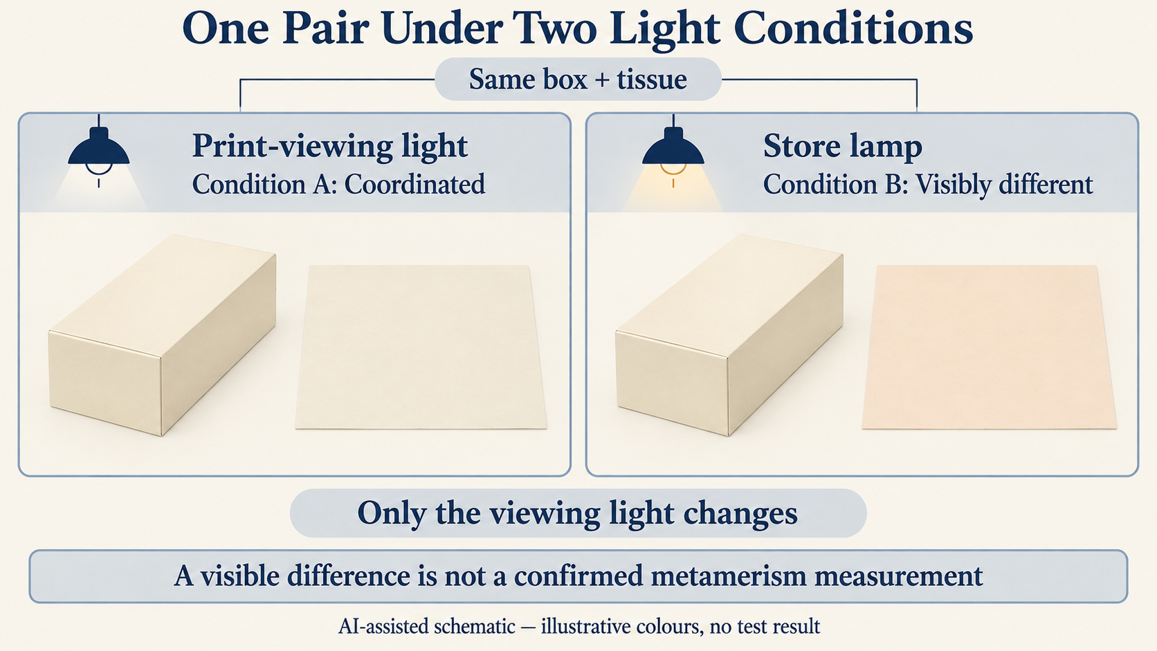 Two-panel schematic of the same cream box and flat tissue sheet in fixed relative positions under identified print-viewing and store-light conditions, with only illustrative colour appearance changing.