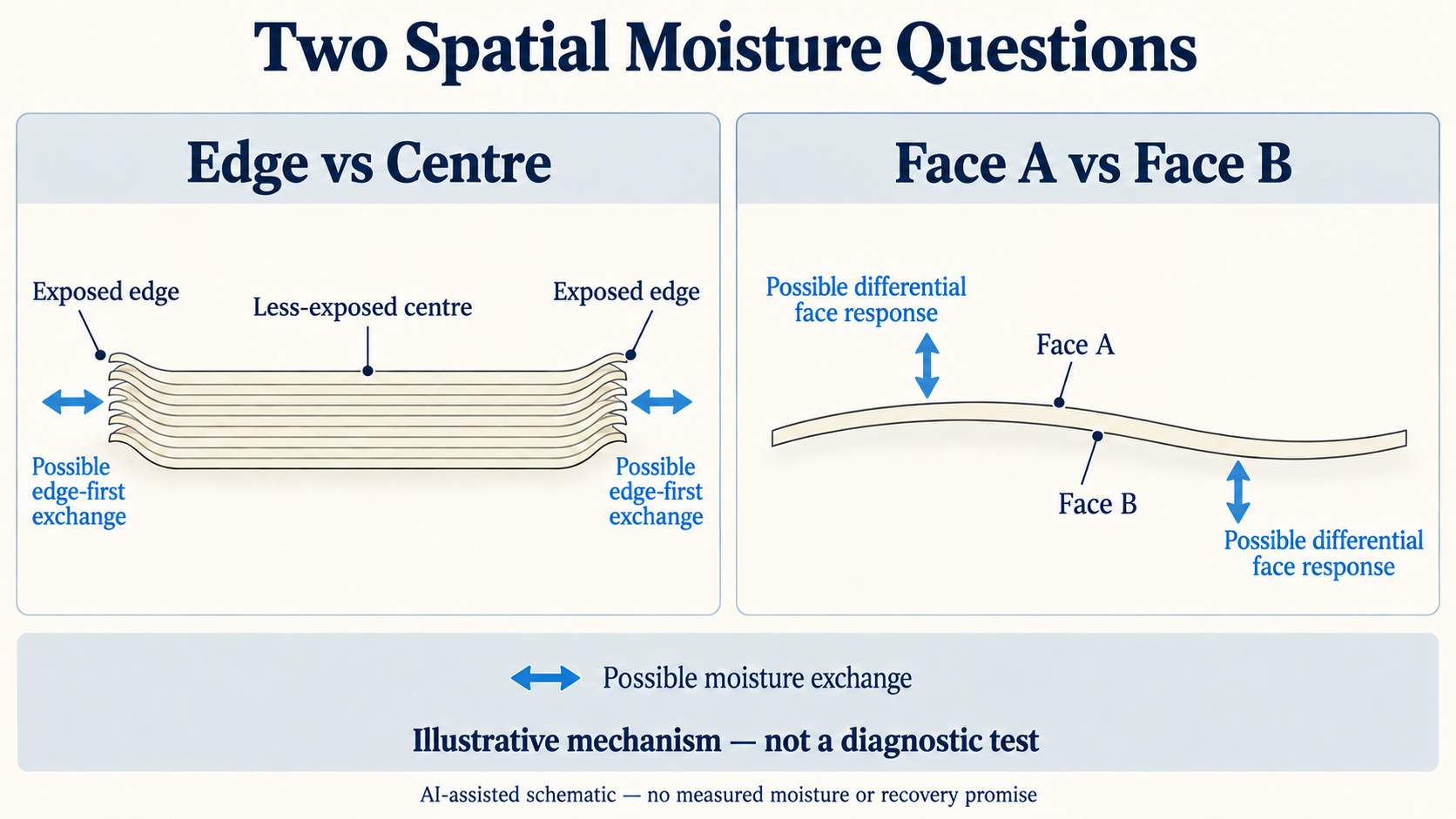 Two-panel schematic contrasting possible moisture exchange at paper-stack exposed edges versus the less-exposed centre, and possible differential responses at Face A and Face B of one sheet.