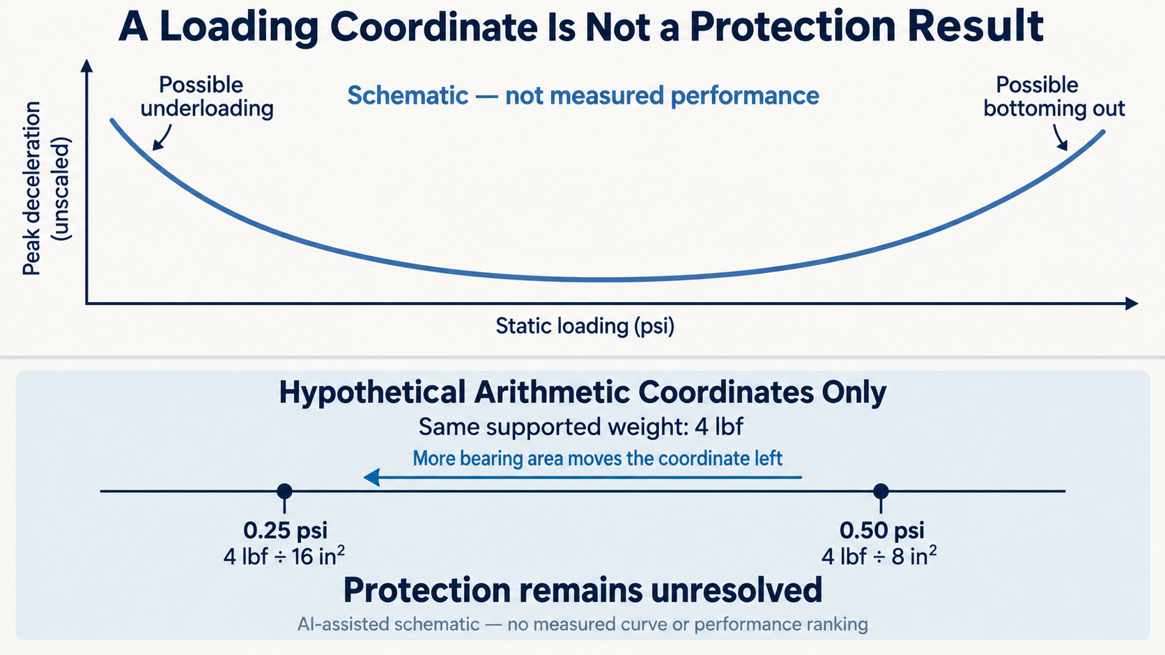 Unscaled qualitative cushion curve above a separate hypothetical static-loading coordinate strip with 0.25 psi and 0.50 psi arithmetic; neither coordinate is placed on the curve.