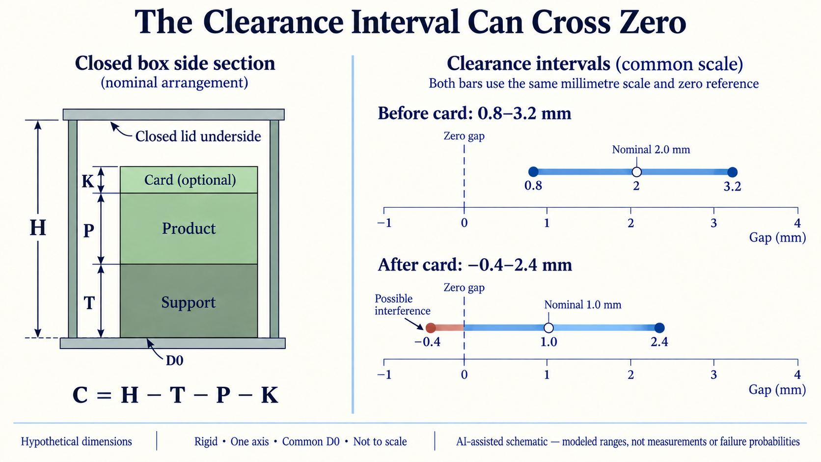 Closed-box section with H and T measured from inside-floor D0, P above the support and K above the product, beside hypothetical before-card 0.8–3.2 mm and after-card −0.4–2.4 mm clearance intervals sharing zero.